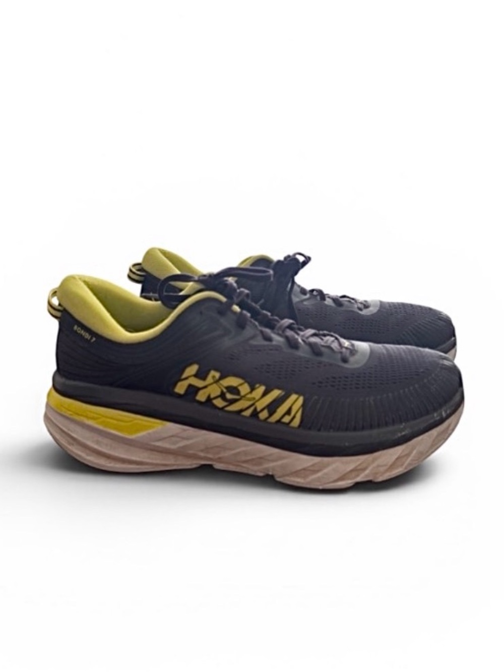 HOKA Bondi 7 Performance Running Sneakers Black Grey and Yellow Sz 11 Mens - Picture 2 of 13